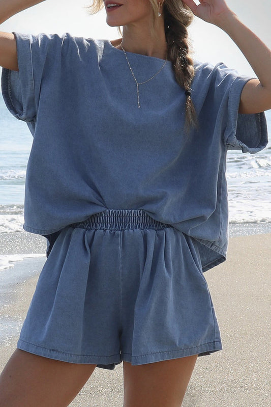 Light Blue Denim Cuffed Sleeve Tee Elastic Shorts Set