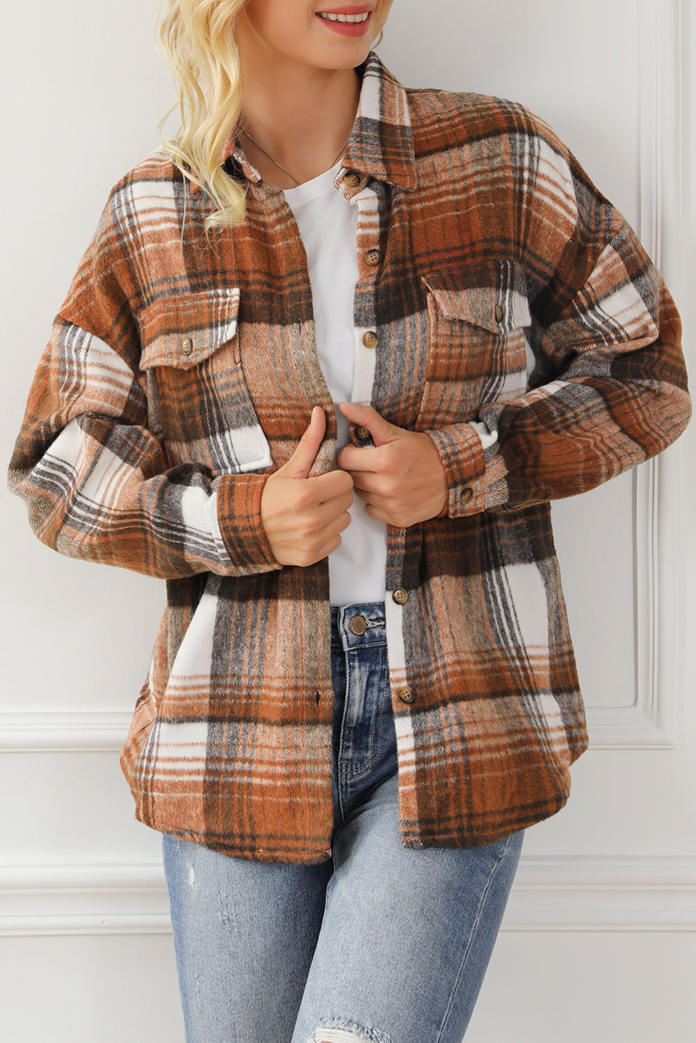 Brown Plaid Flap Pockets Shacket