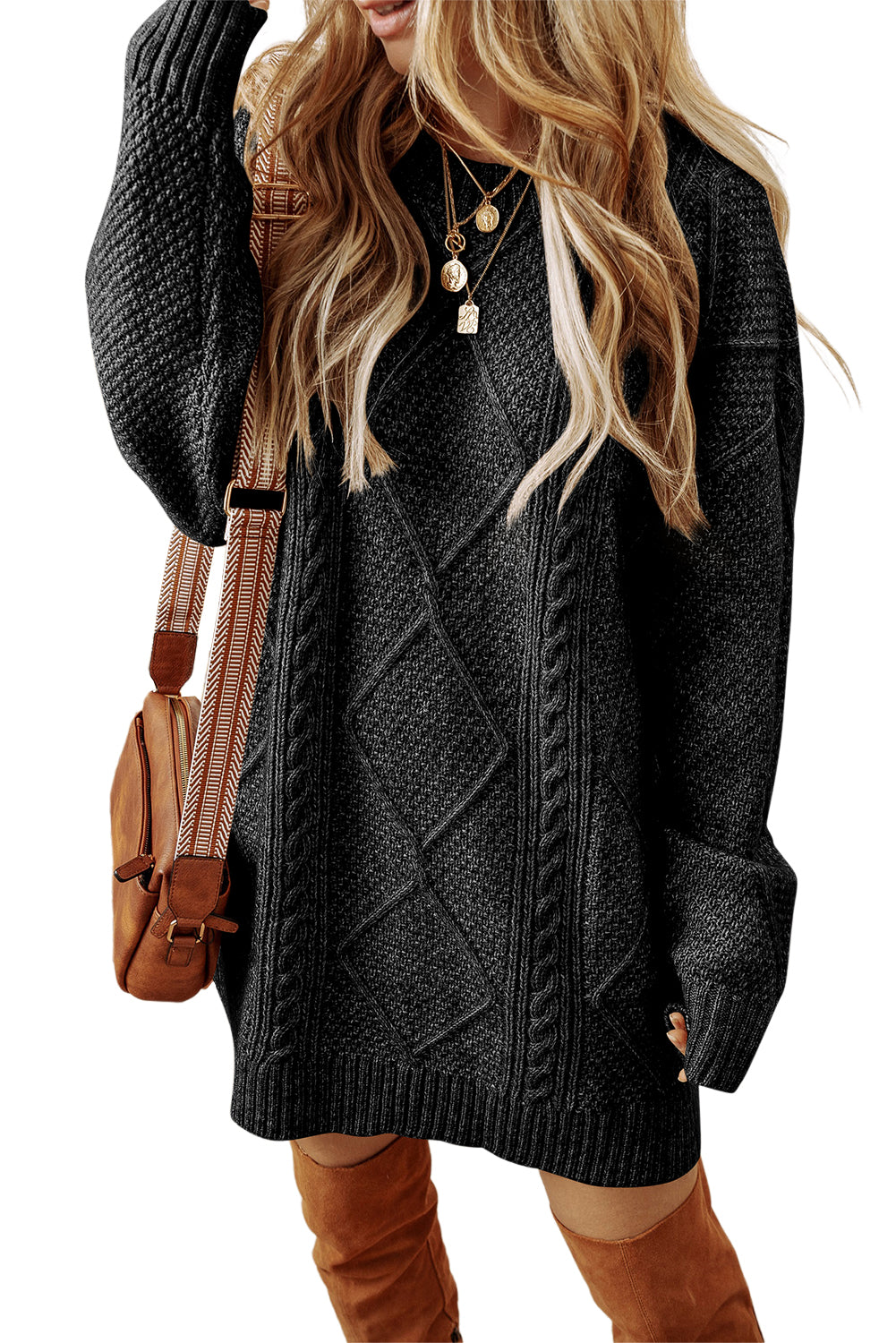 Black Cable Knit Drop Shoulder Loose Fit Sweater Dress