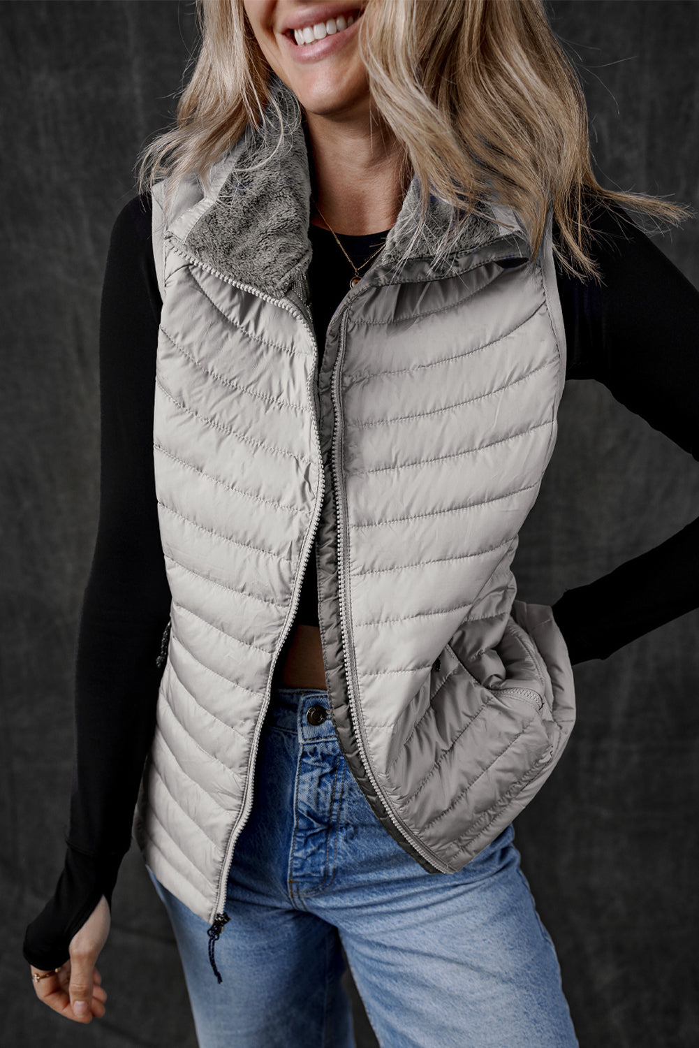 Sky Blue Plush Collared Quilted Zipped Puffer Vest