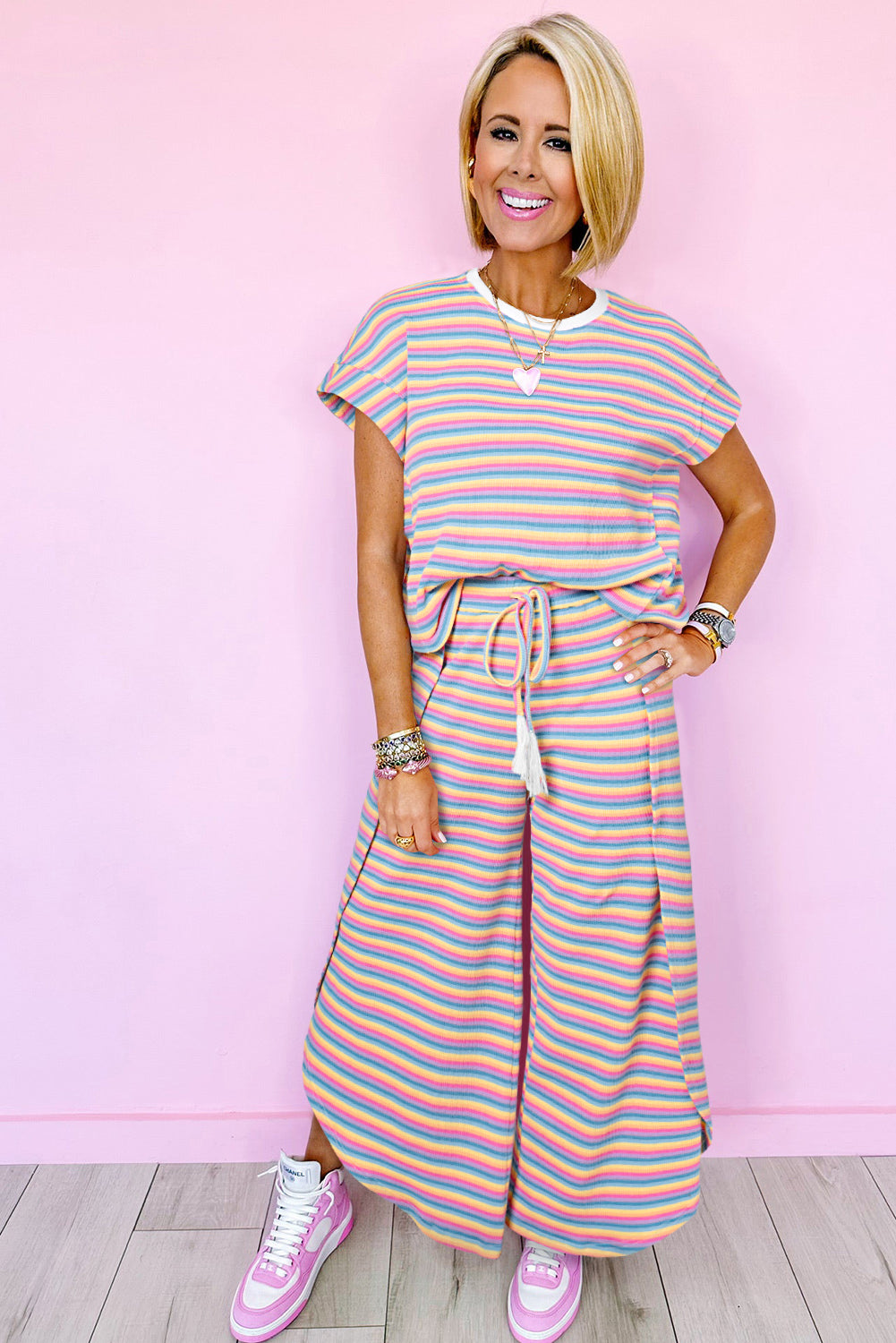 Pink Stripe Rainbow Tee and Tassel Drawstring Wide Leg Pants Set