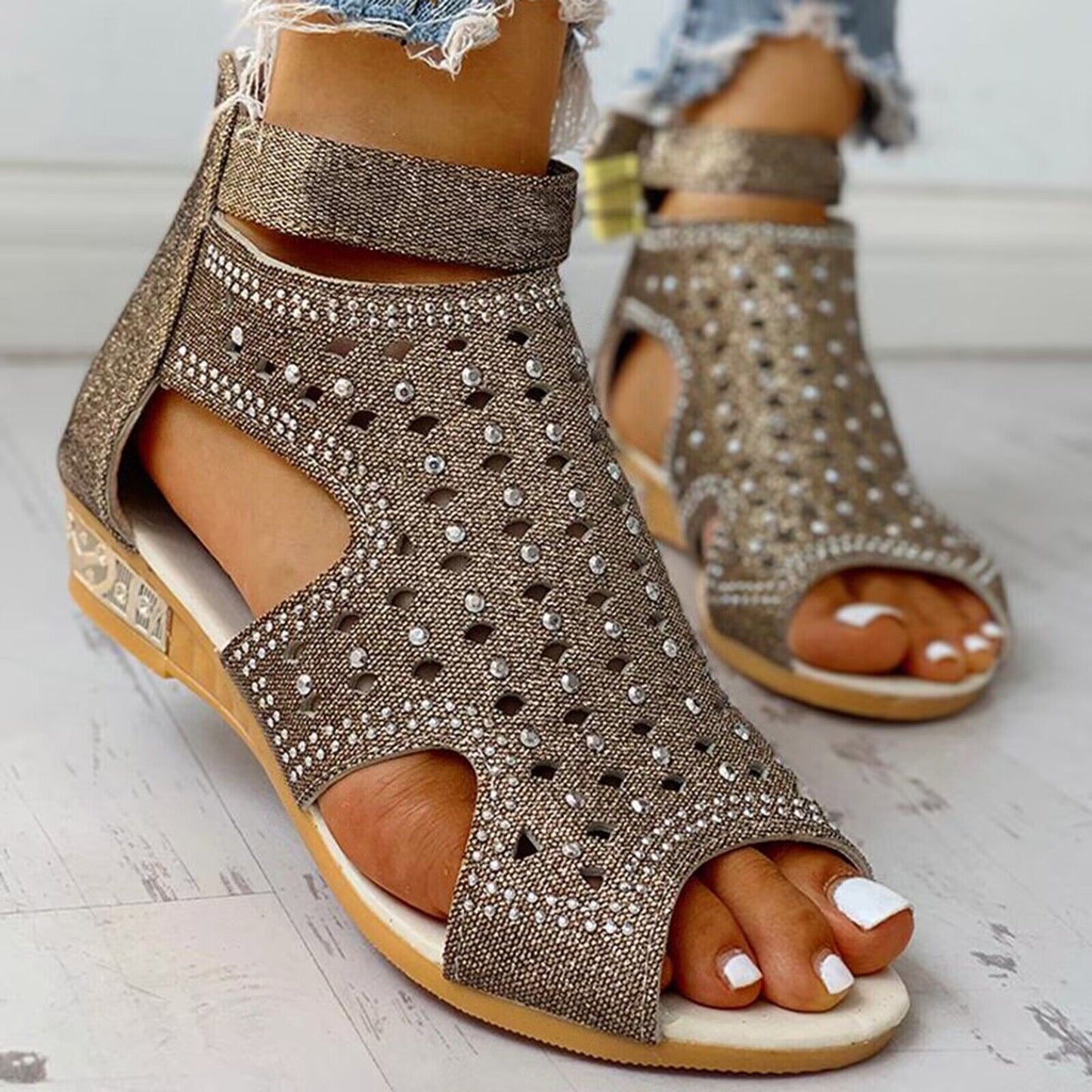 Women's Open Toe Rhinestone Wedge Hollow Sandals