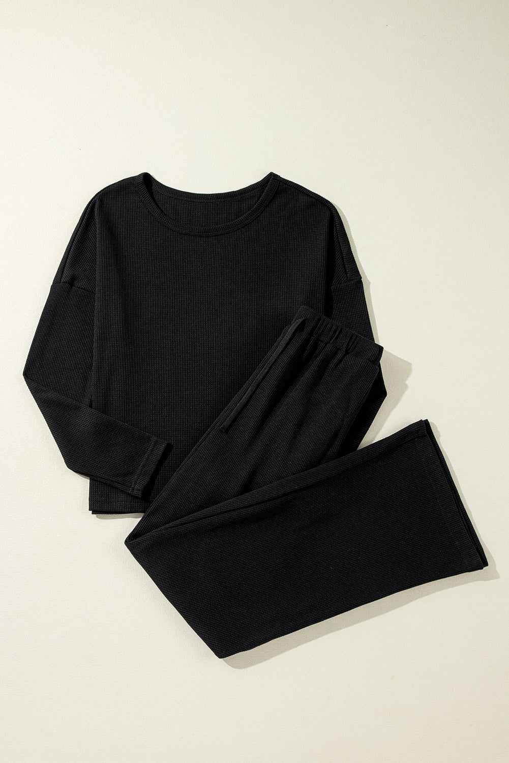 Black Textured Long Sleeve T Shirt and Pants Lounge Set