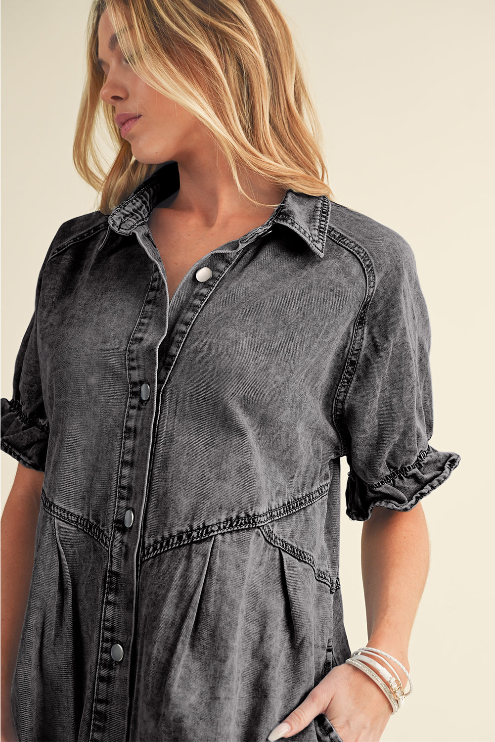 Medium Grey Mineral Washed Ruffled Short Sleeve Pocketed Denim Dress