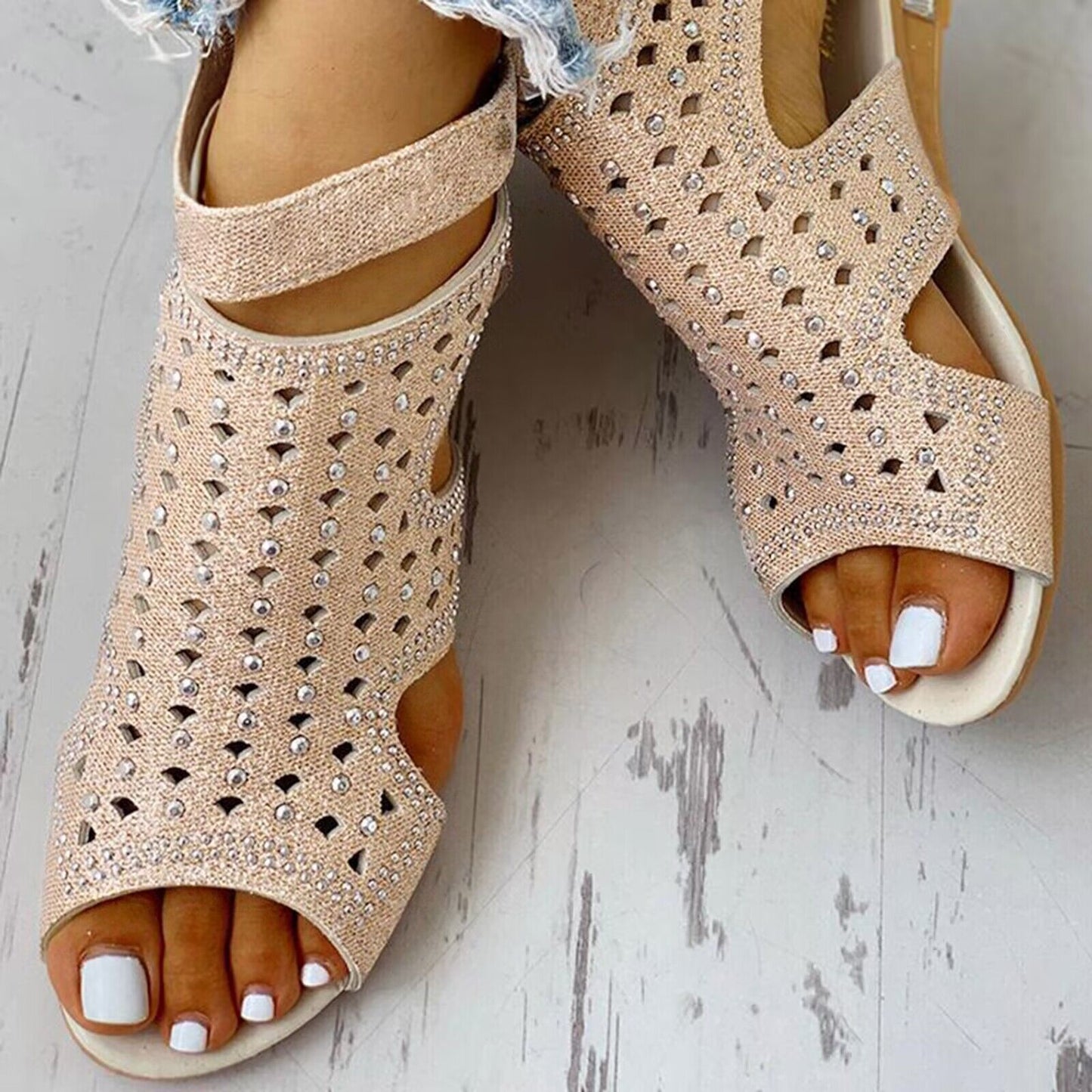 Women's Open Toe Rhinestone Wedge Hollow Sandals