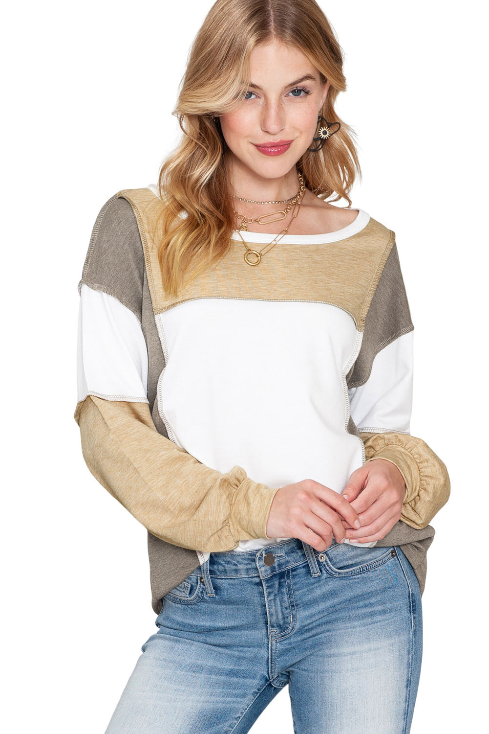 Khaki Color Block Exposed Seam Long Sleeve Top