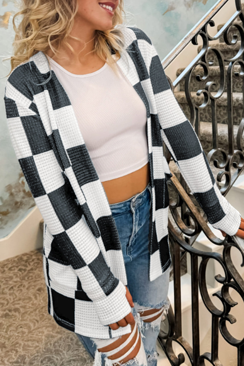 Black Checkered Waffle Knit Thumbhole Long Sleeve Cardigan