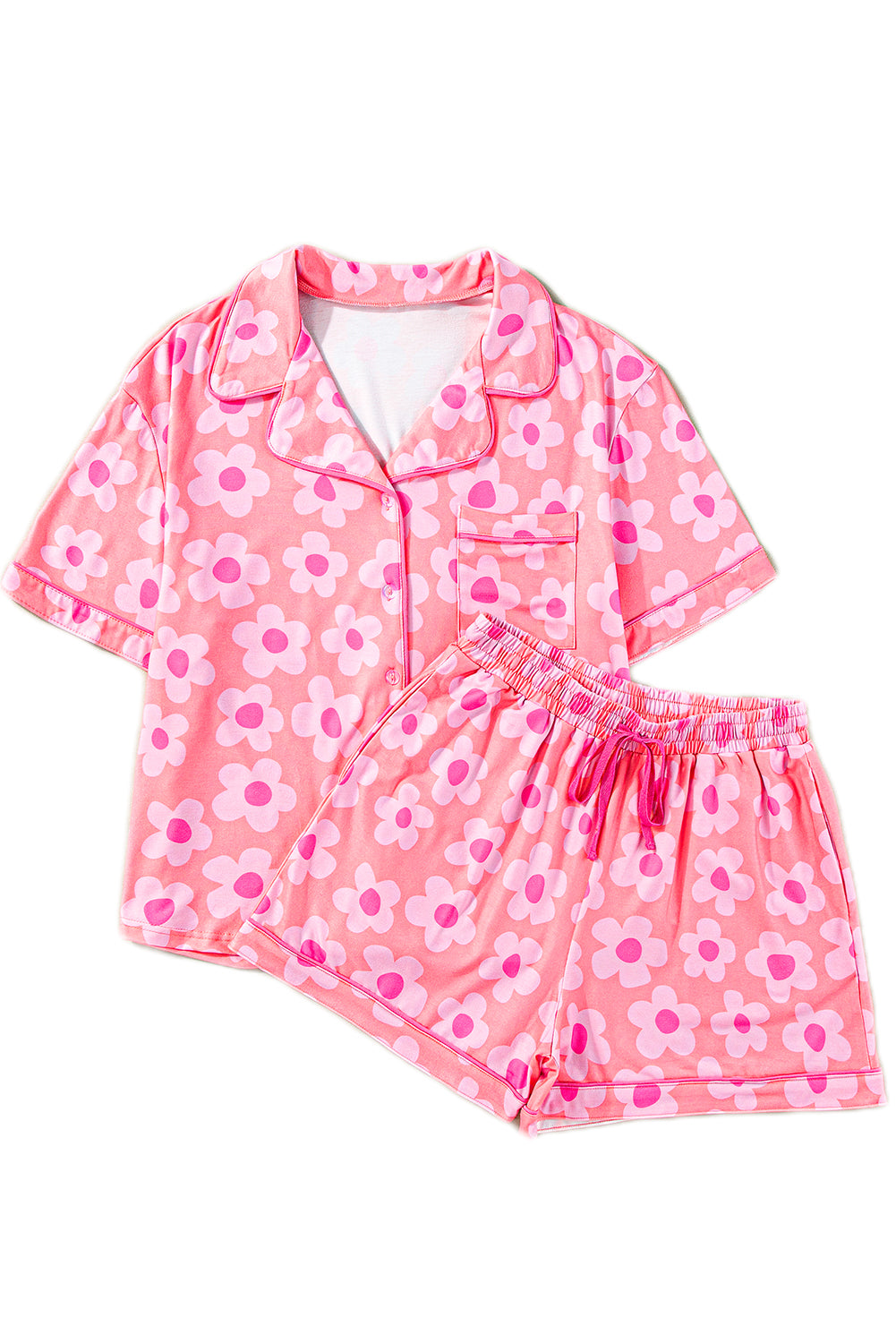 Pink Flower Print Short Sleeve Shirt Pajamas Set