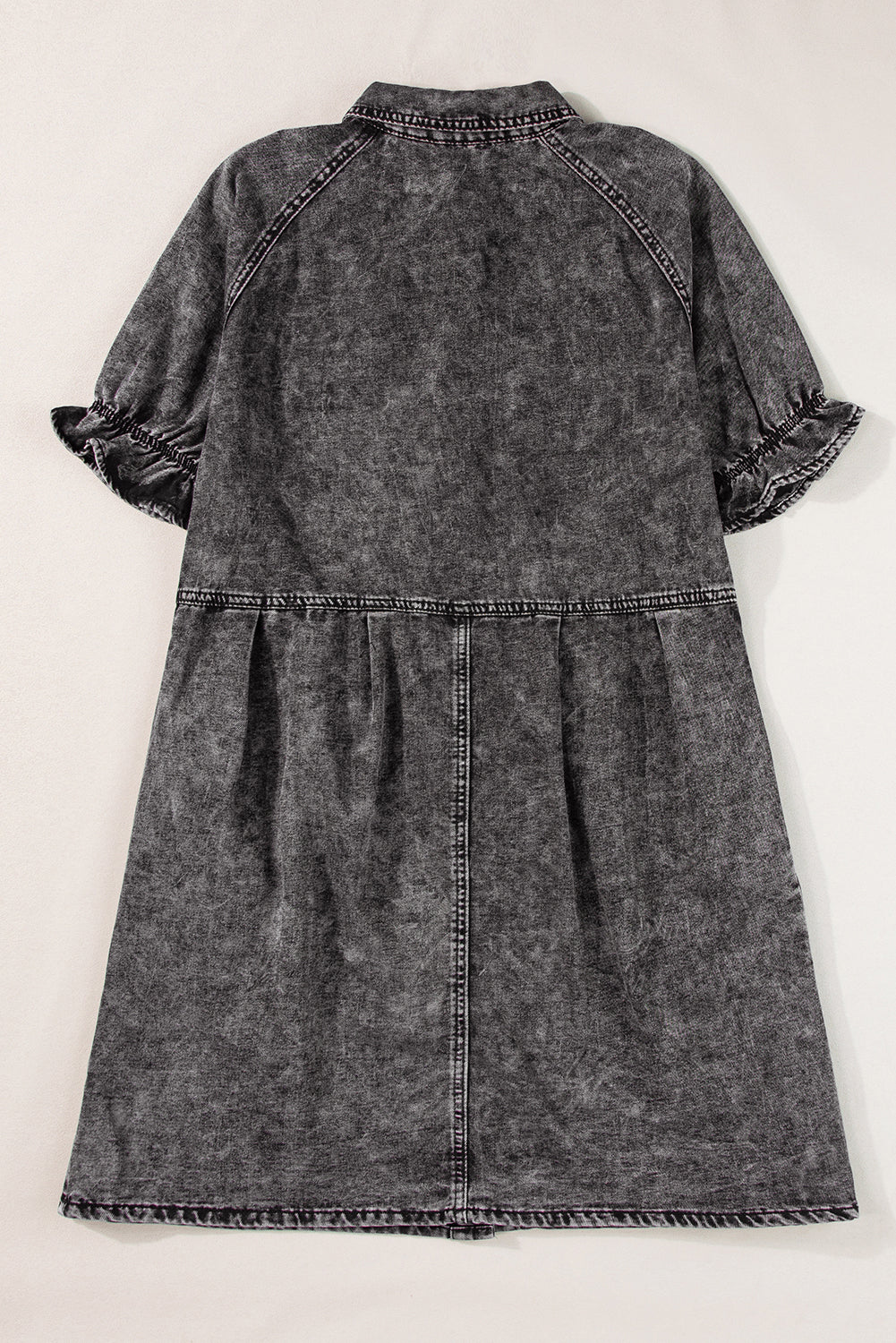 Medium Grey Mineral Washed Ruffled Short Sleeve Pocketed Denim Dress