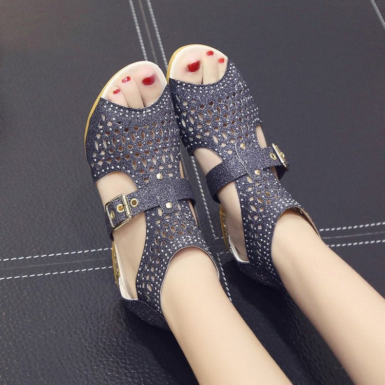 Women's Open Toe Rhinestone Wedge Hollow Sandals