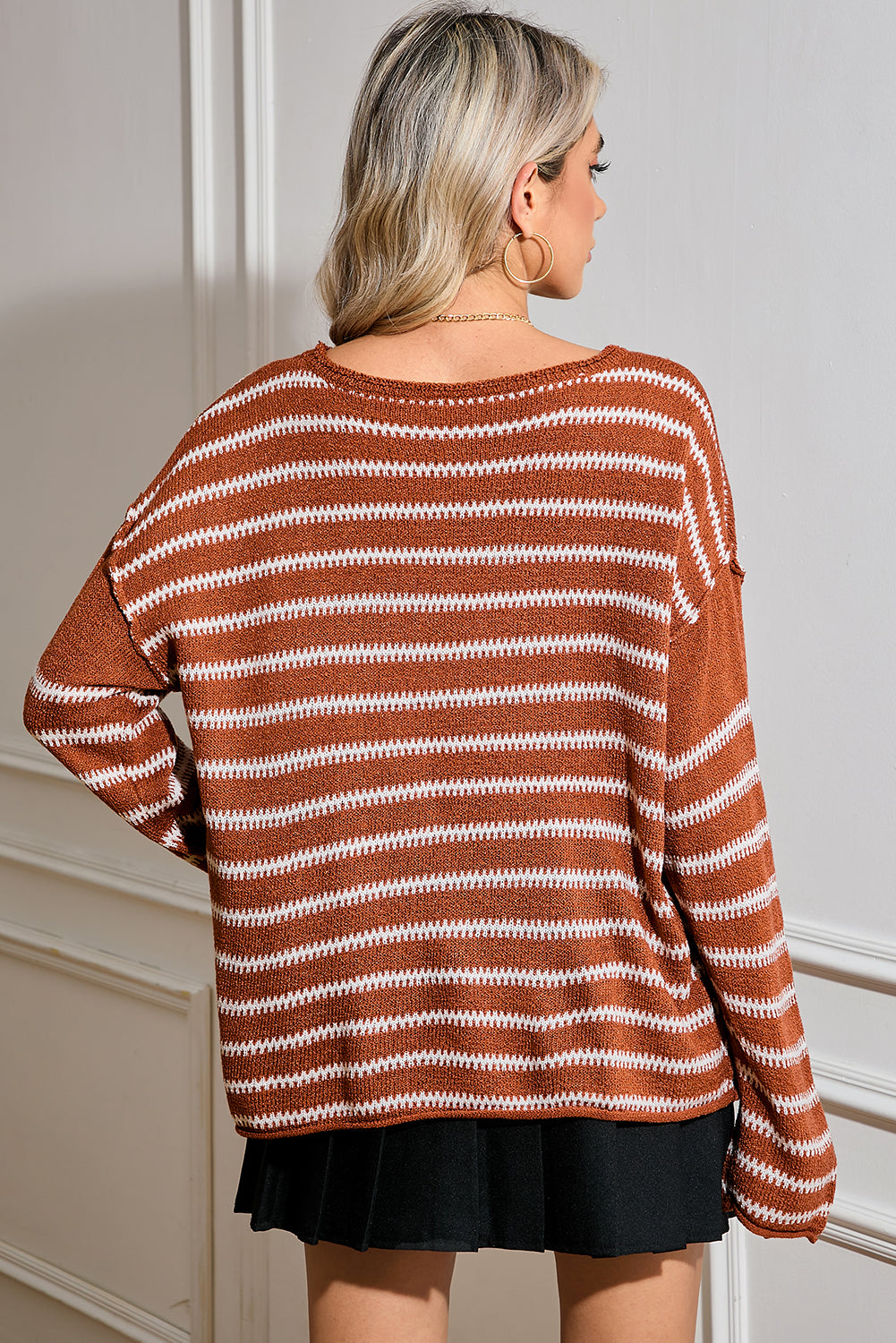 Green Stripe Casual Stripe Round Neck Drop Shoulder Sweater