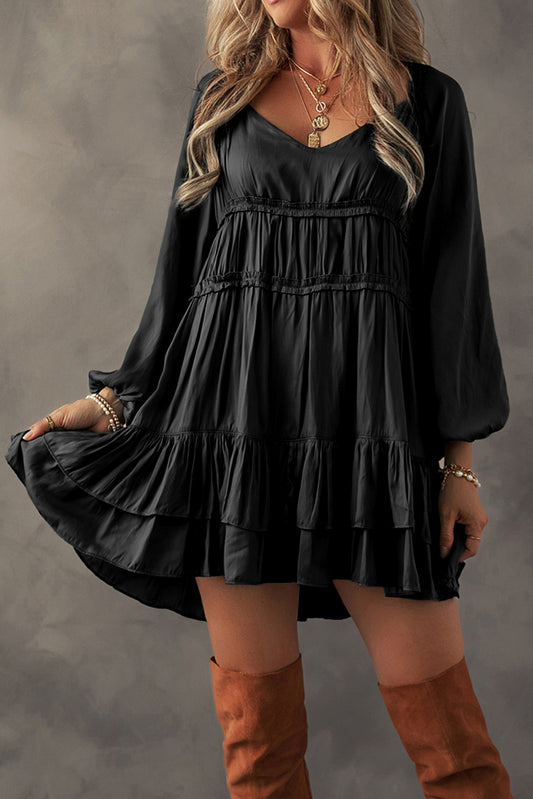 Black Tiered Ruffled Puff Sleeve Loose Fit Mini Dress