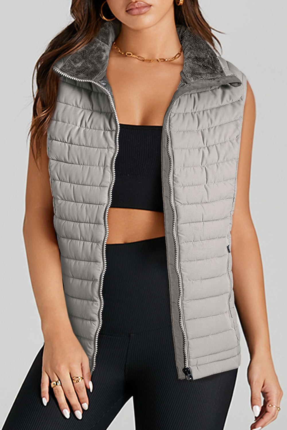 Sky Blue Plush Collared Quilted Zipped Puffer Vest