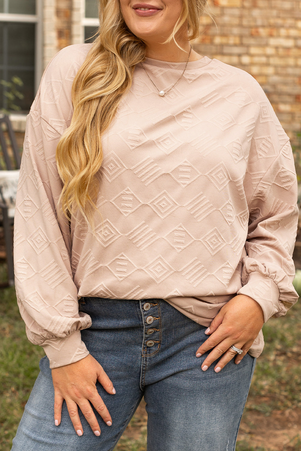 Parchment Plus Size Textured Drop Shoulder Crew Neck Sweatshirt