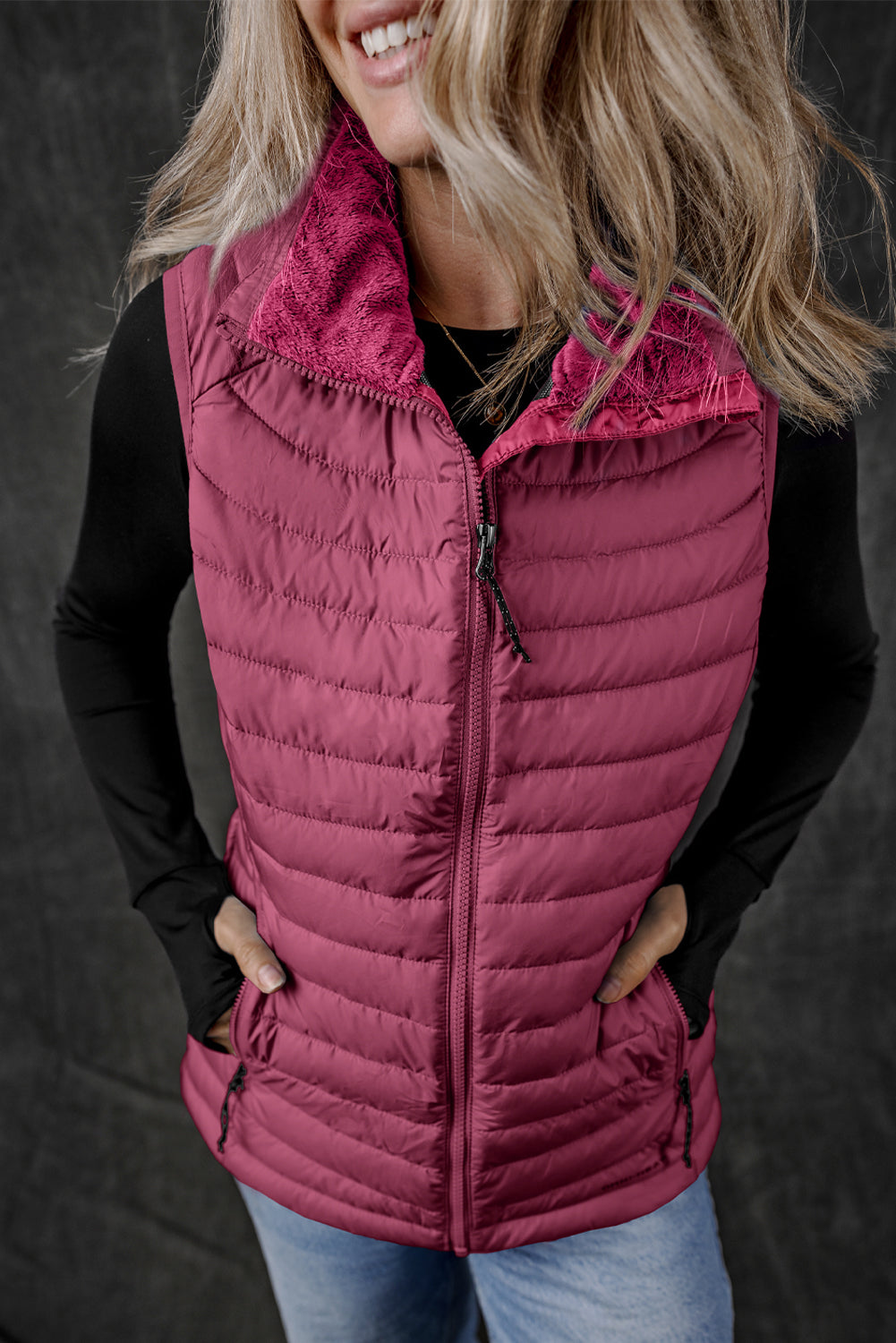 Burgundy Plush Collared Quilted Zipped Puffer Vest