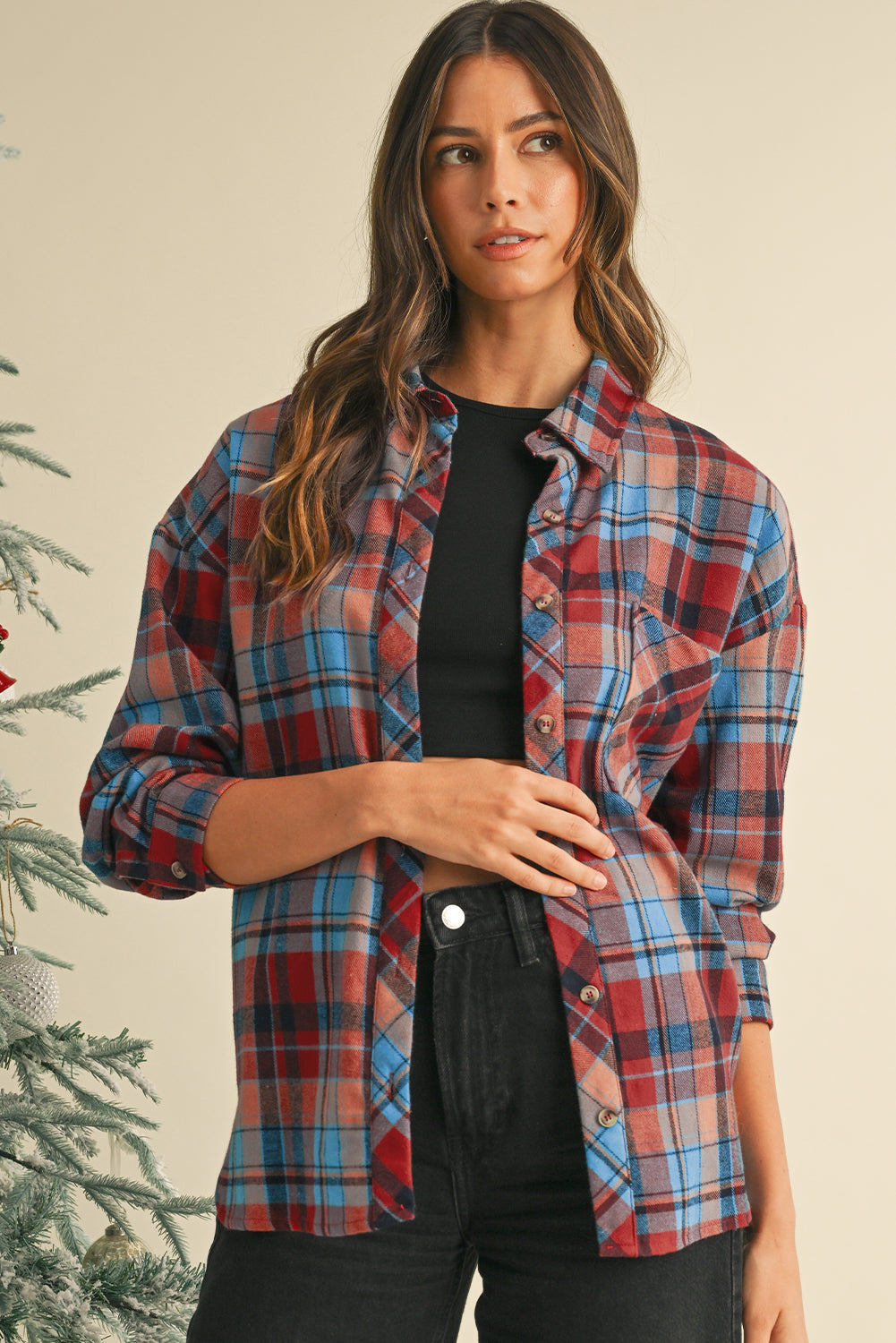 Red Plaid Print Drop Sleeve Loose Shirt