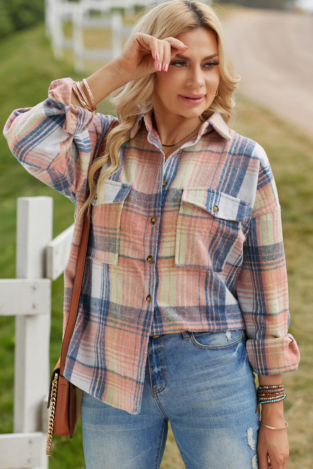 Pink & Grey Plaid Button Up Collared Flannel Shacket