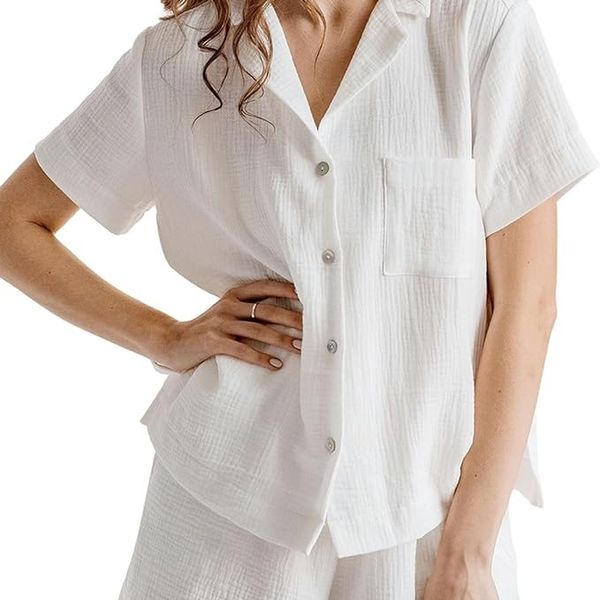 Women's Pajamas 2-PC Set Loose Fit Lounge Sets For Women  Button Down Shirt Elastic Shorts Loungewear Sleepwear HEDTSK24BK