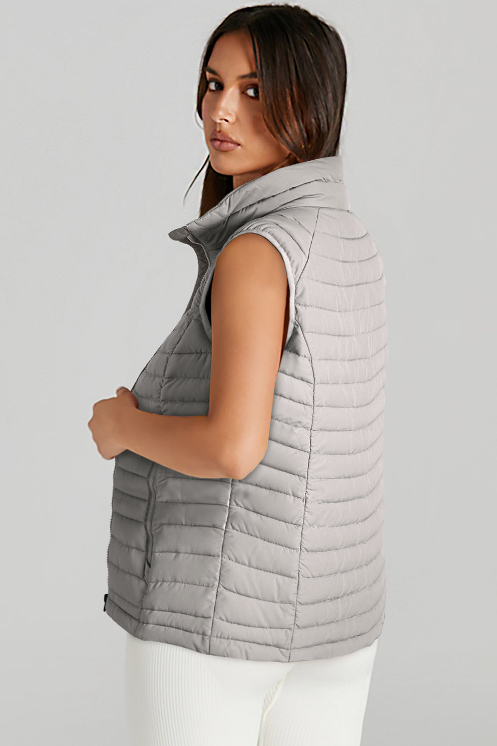 Sky Blue Plush Collared Quilted Zipped Puffer Vest