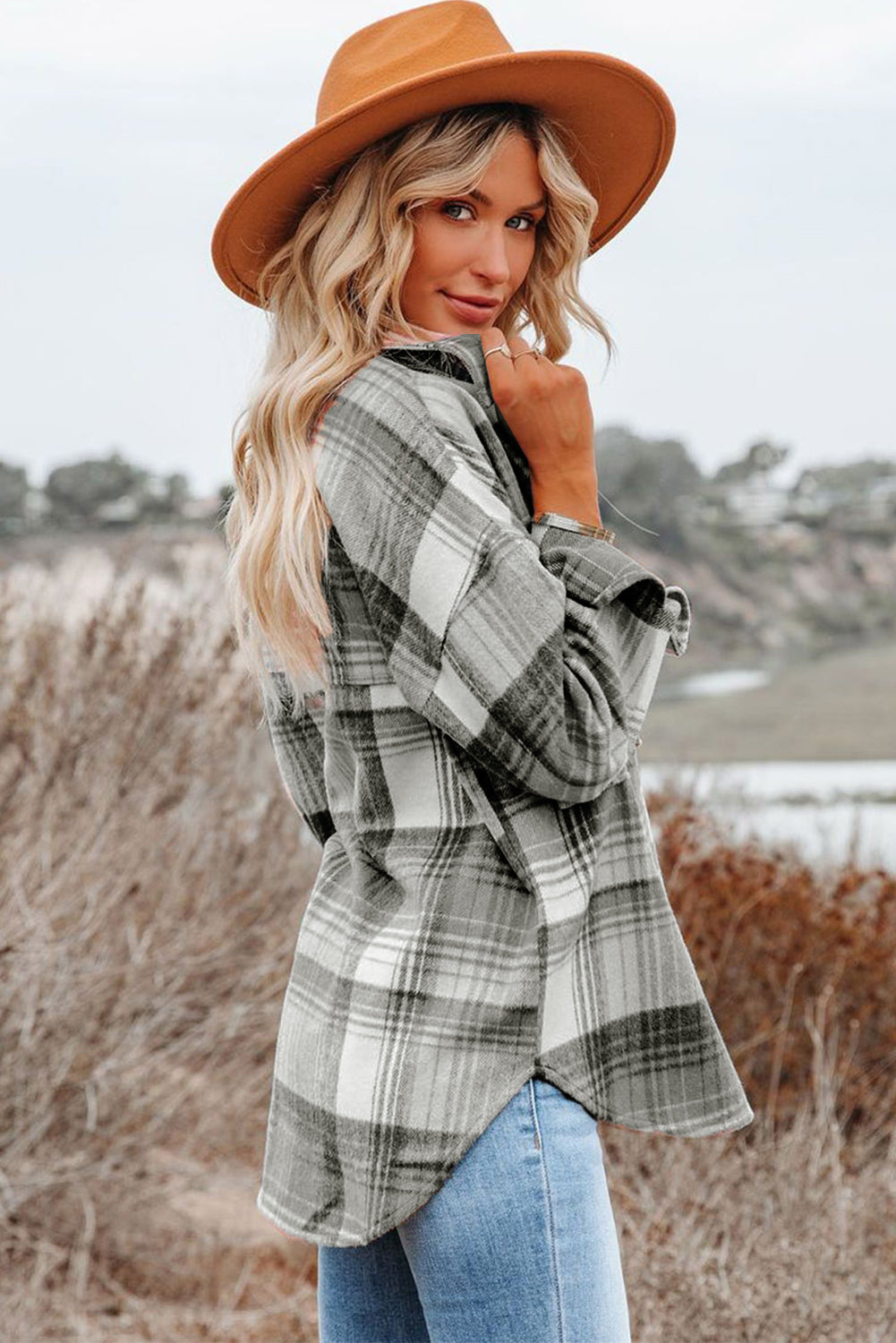 Pink & Grey Plaid Button Up Collared Flannel Shacket