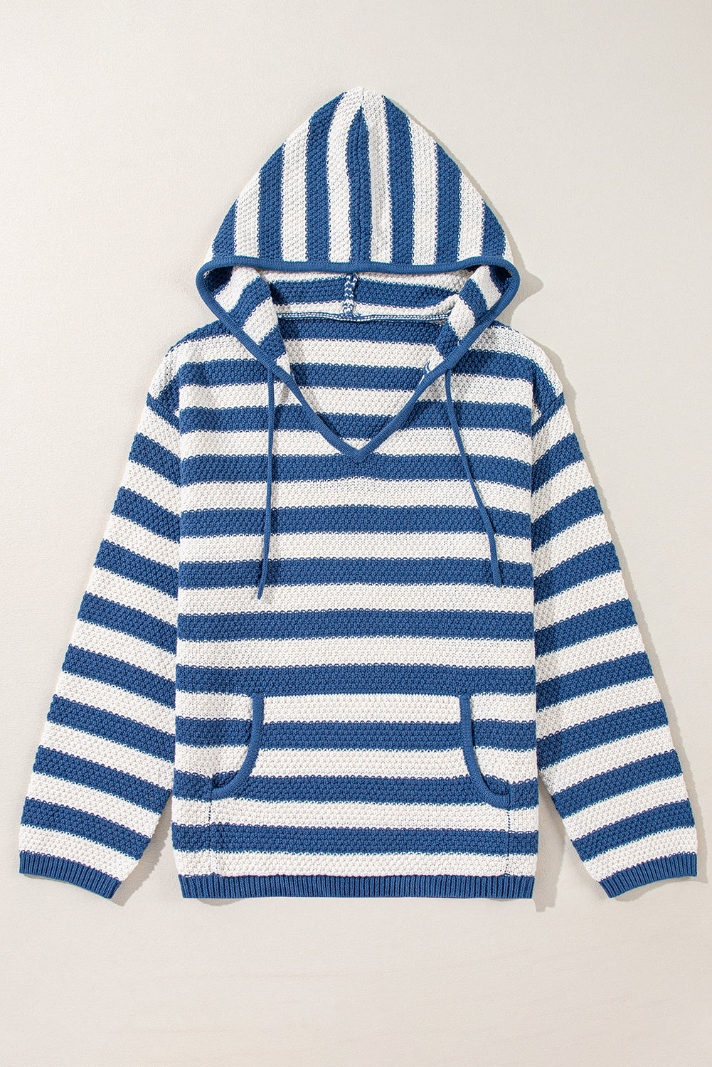 Blue Stripe V Neck Pocketed Drawstring Hooded Sweater