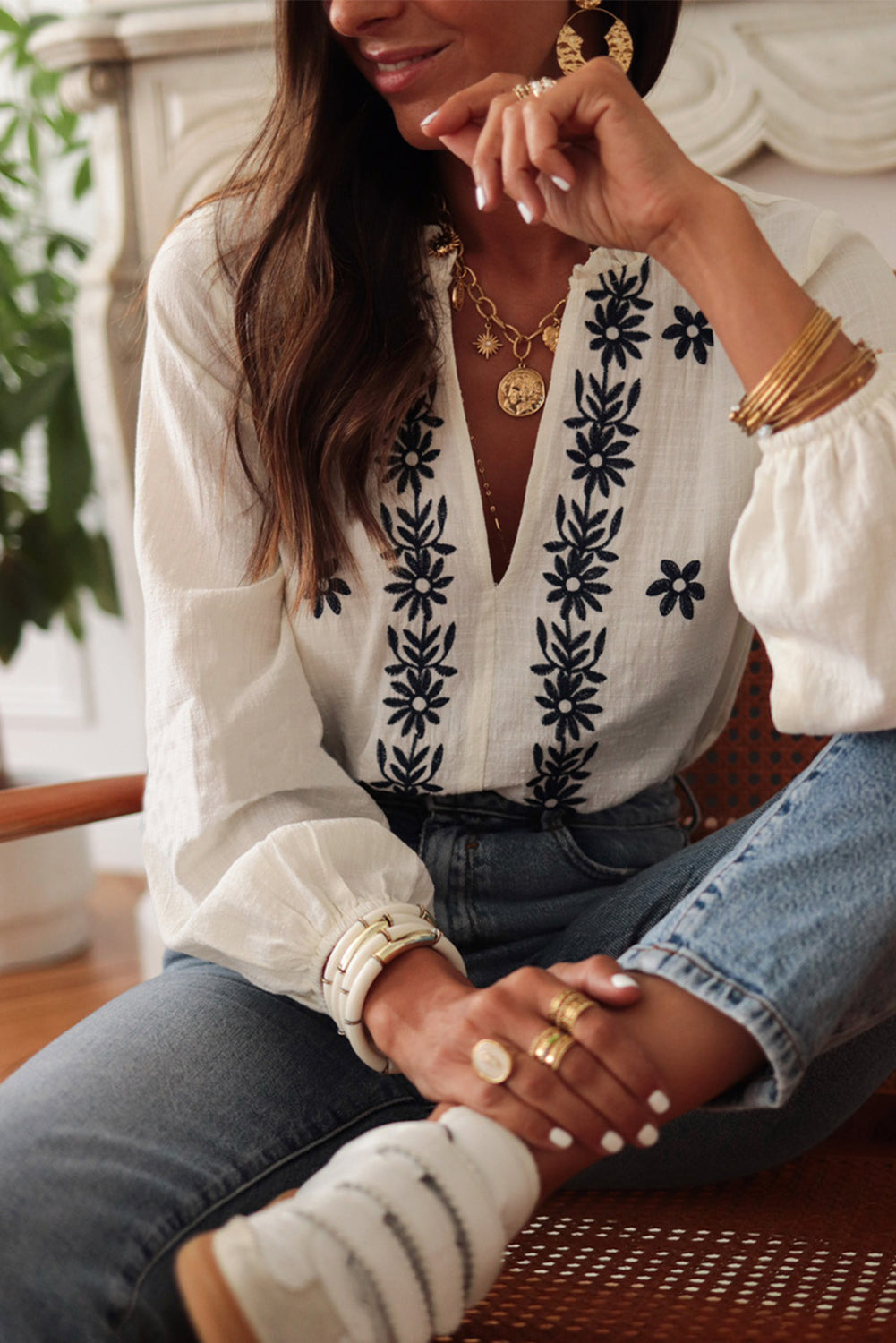 White Floral Embroidered Frilled V Neck Puff Sleeve Blouse