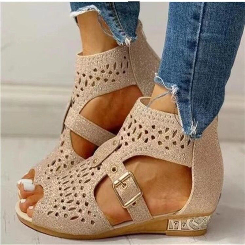 Women's Open Toe Rhinestone Wedge Hollow Sandals