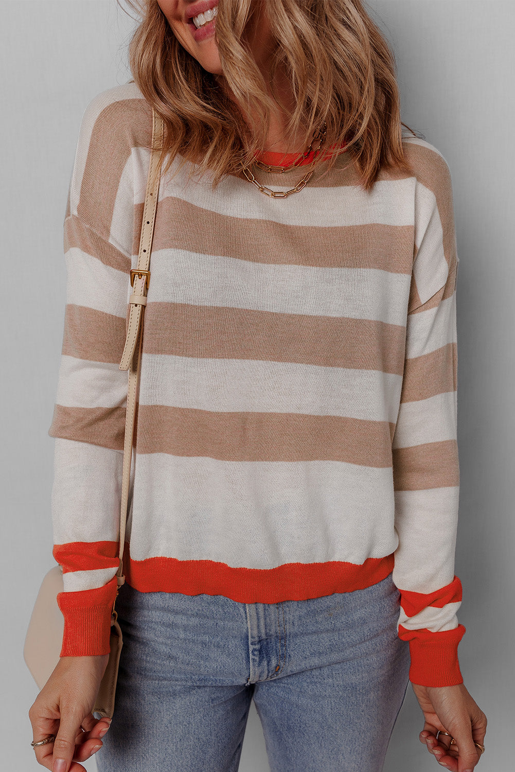 Apricot Colorblock Striped Round Neck Drop Shoulder Sweater