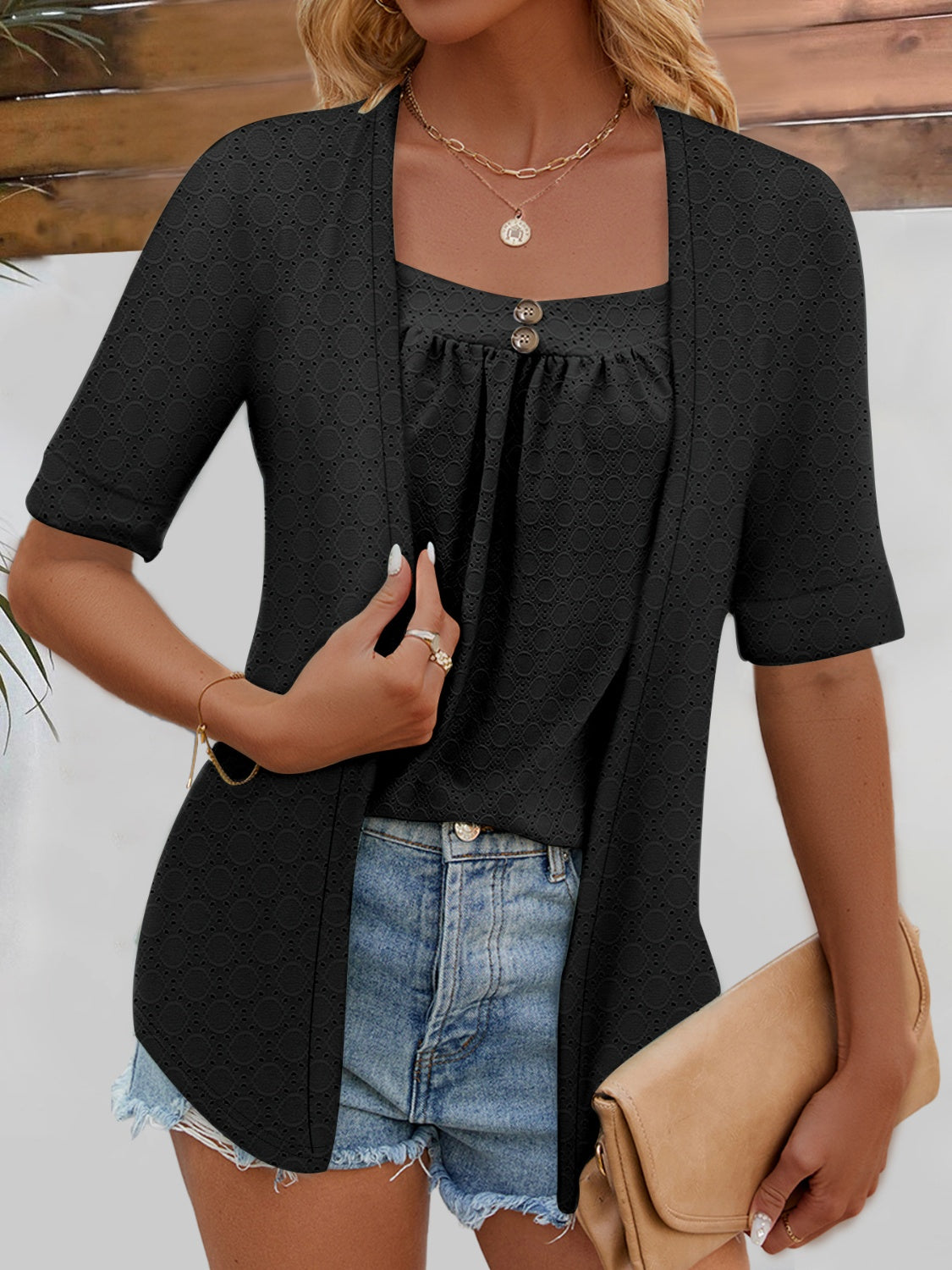 Full Size Faux Layered Decorative Button Half Sleeve Blouse