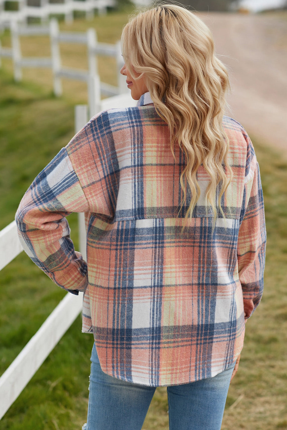 Pink & Grey Plaid Button Up Collared Flannel Shacket