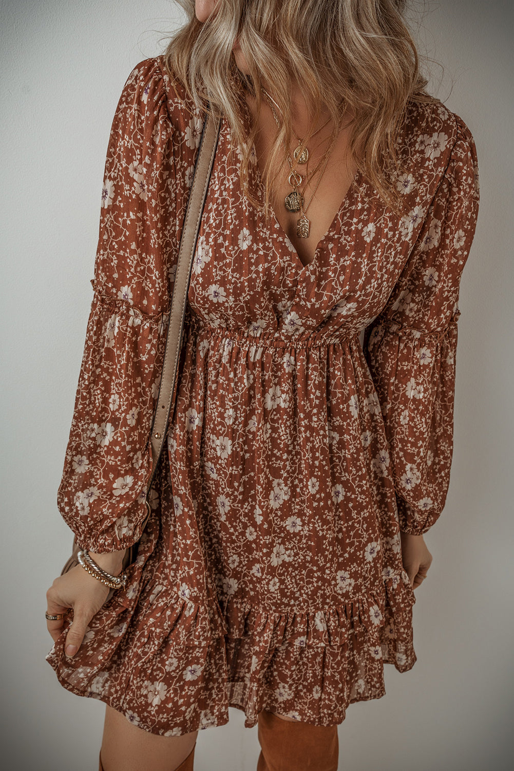 Brown Boho Floral Ruffled Puff Sleeve V Neck Mini Dress