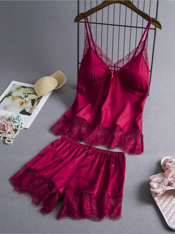 Women's solid color camisole lace pajama set