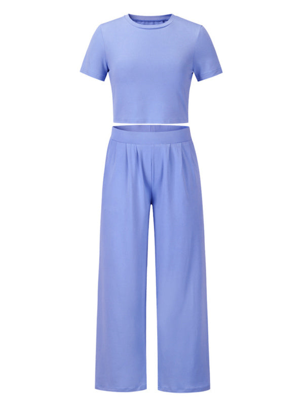 Women's solid color round neck short-sleeved T-shirt + trousers two-piece set