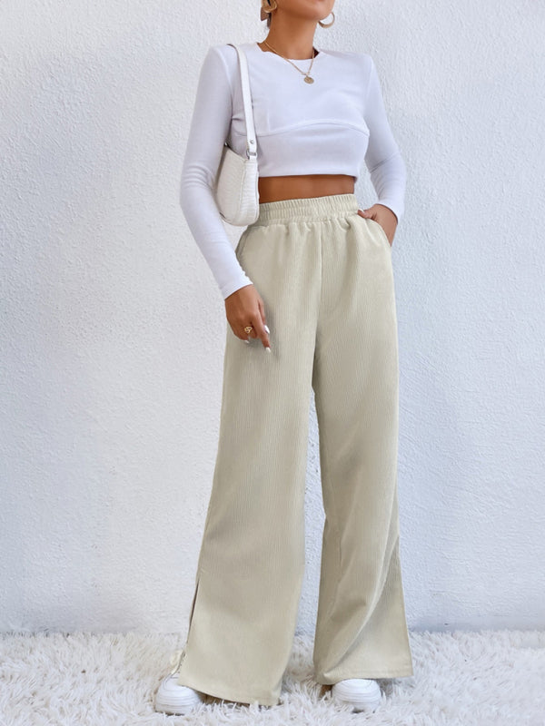 Women's solid color corduroy paneled slit wide-leg trousers