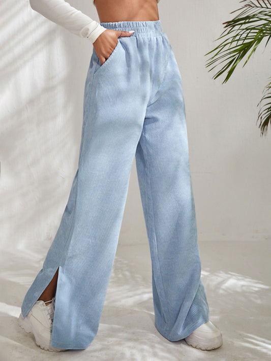 Women's solid color corduroy paneled slit wide-leg trousers