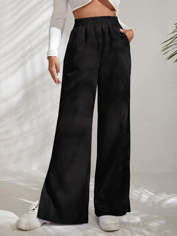 Women's solid color corduroy paneled slit wide-leg trousers