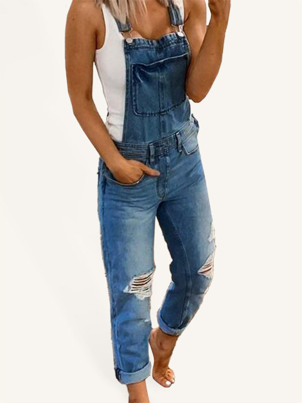 Double shoulder suspenders ripped denim jumpsuit women's casual