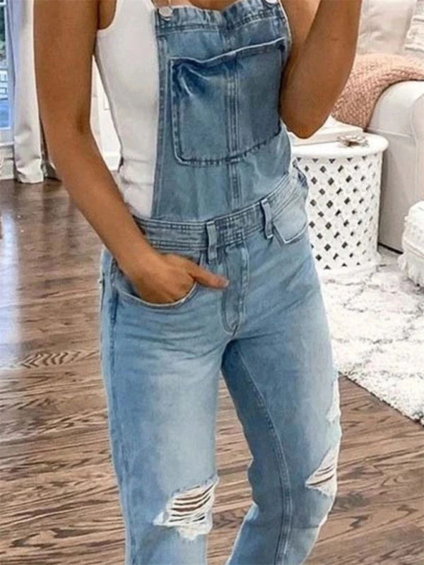 Double shoulder suspenders ripped denim jumpsuit women's casual