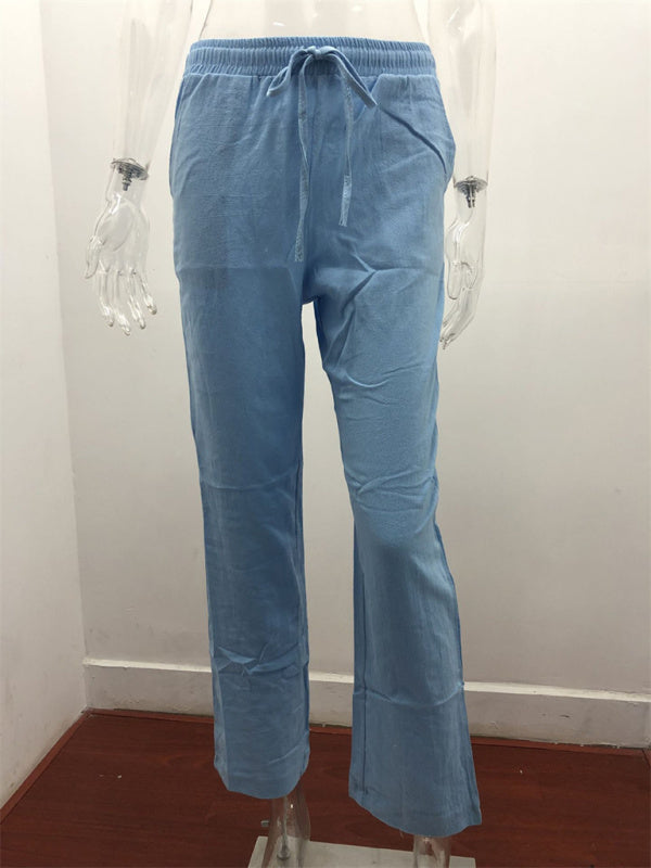 Women's Solid Color Cotton Linen Drawstring Loose Casual Wide Leg Trousers