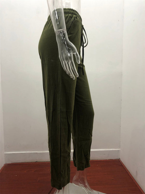 Women's Solid Color Cotton Linen Drawstring Loose Casual Wide Leg Trousers