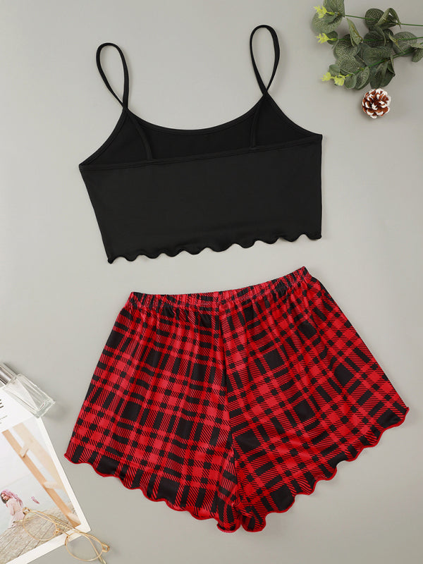 Women's Letter HONEY Printed Camisole + Plaid Printed Shorts Homewear Set