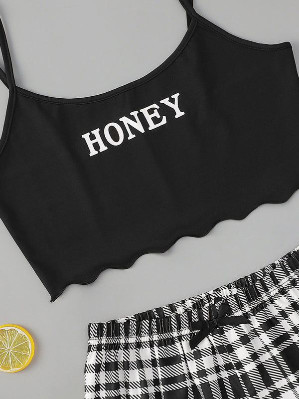 Women's Letter HONEY Printed Camisole + Plaid Printed Shorts Homewear Set