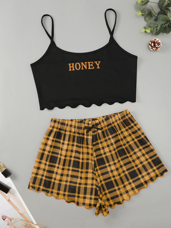 Women's Letter HONEY Printed Camisole + Plaid Printed Shorts Homewear Set