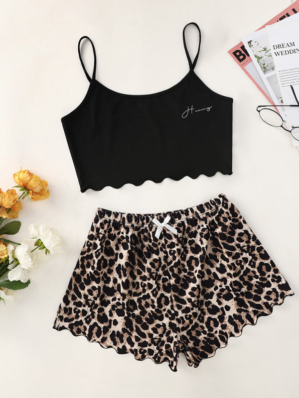 Women's Letter HONEY Printed Camisole + Leopard Print Shorts Homewear Set