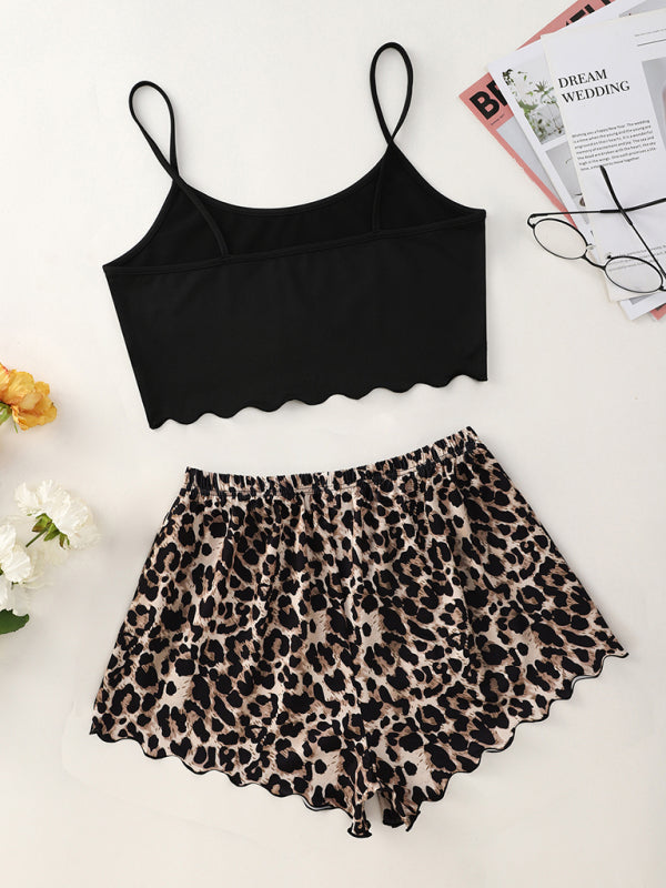 Women's Letter HONEY Printed Camisole + Leopard Print Shorts Homewear Set