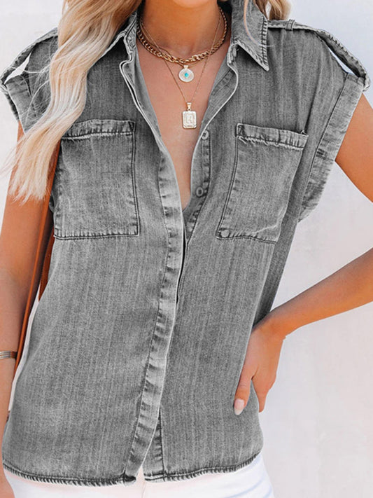 Sleeveless Denim Shirt Straight Pocket Oversized Top