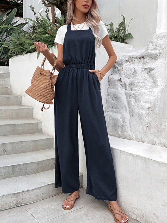 Women's Casual Stretch Elastic Belt Bib Overalls Jumpsuit