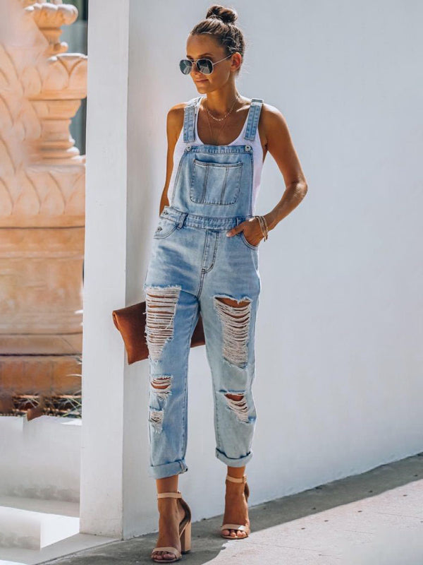 Women's washed ripped blue overalls jeans