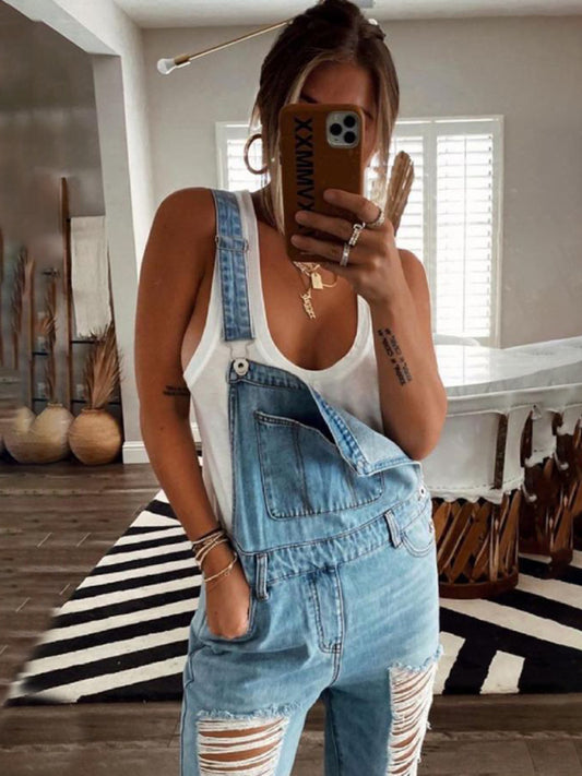 Women's washed ripped blue overalls jeans