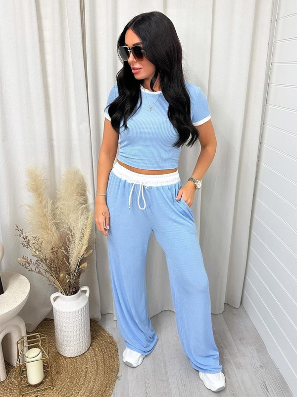 Women's round neck contrast color short sleeve fashion casual wide leg pants sports suit